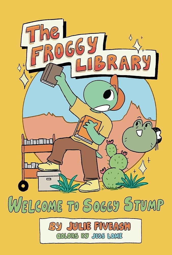 A colorful book cover titled "The Froggy Library," featuring a frog character and cactus in a whimsical desert scene.