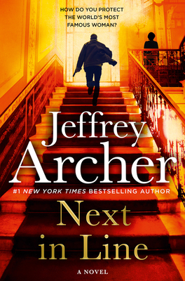 A book cover for "Next in Line" by Jeffrey Archer, featuring stairway scene and a silhouetted figure ascending.