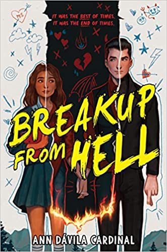 Illustration of a book cover titled "Breakup From Hell" by Ann Dávila Cardinal, featuring two stylized characters, one with fiery details.