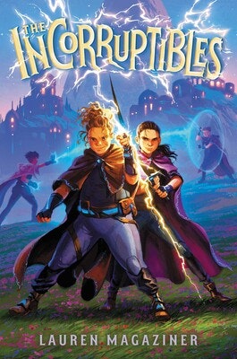 Two characters with capes and staffs stand ready for battle amid a mystical backdrop, with lightning and a distant castle. Title: "The Incorrutibles."