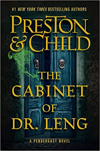 A book cover titled "The Cabinet of Dr. Leng" by Preston & Child, featuring dark doors with a sinister green glow.