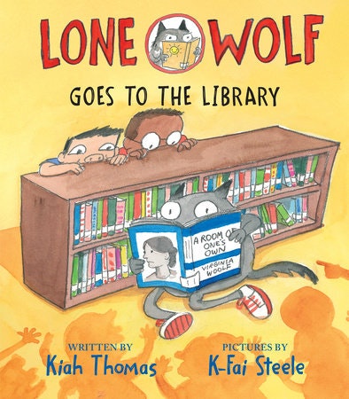 A wolf reads "A Room of One's Own" in a library; kids peek over the shelves. Title: "Lone Wolf Goes to the Library."