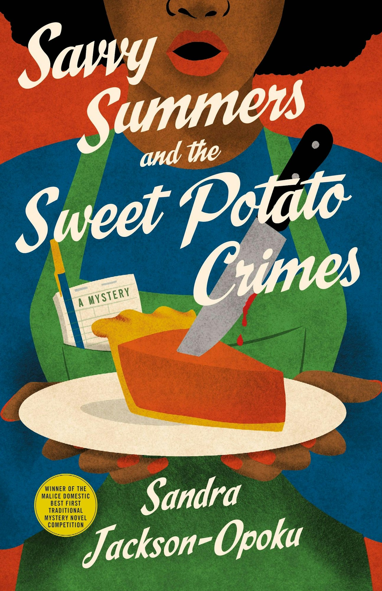 Book cover: "Savvy Summers and the Sweet Potato Crimes" by Sandra Jackson-Opoku, with knife and pie image.