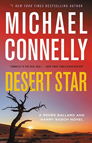 Book cover of "Desert Star" by Michael Connelly, featuring a barren tree against a dusk sky.
