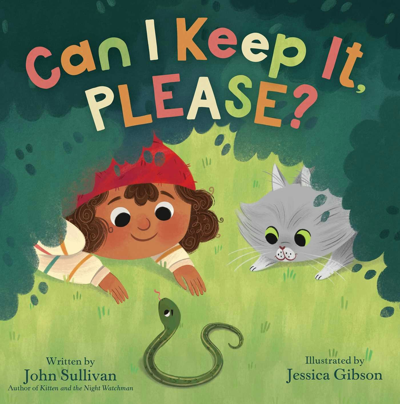 A child and a cat look curiously at a snake, under the title "Can I Keep It, PLEASE?"