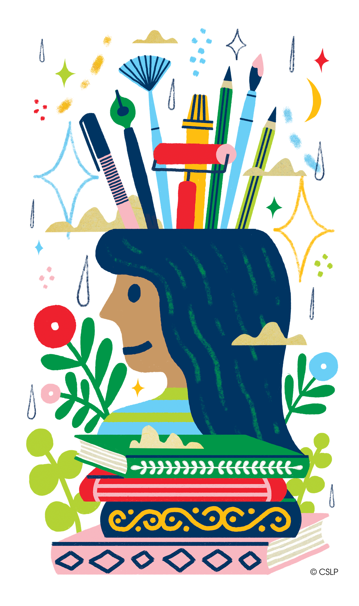 Illustrated profile of a person with books and art supplies, featuring vibrant colors and decorative elements.