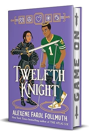 A book cover titled "Twelfth Knight" by Alexene Farol Follmuth, featuring illustrations of a knight and a football player.