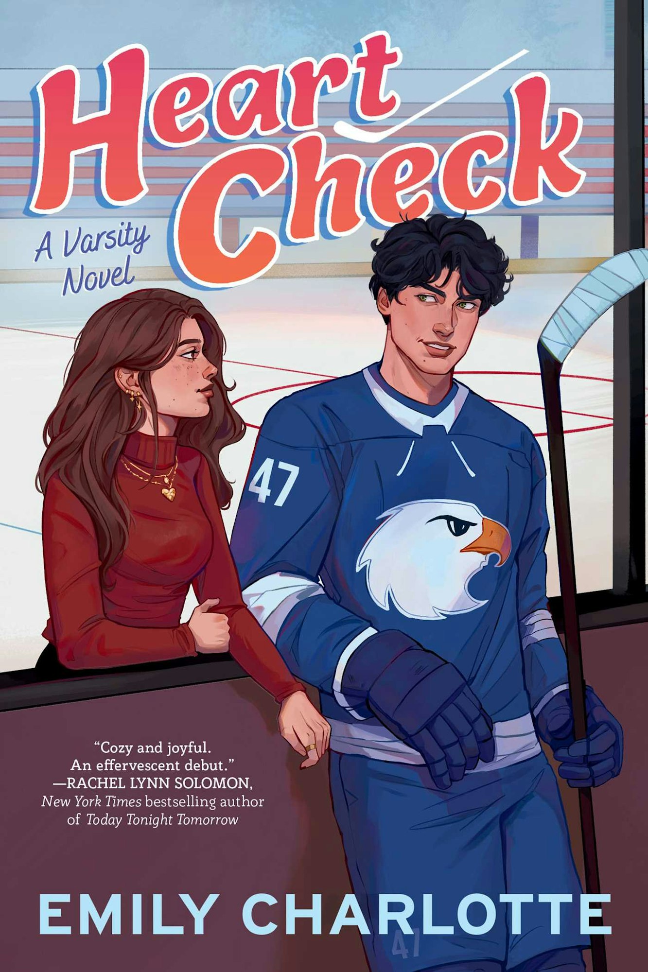 A young woman and a hockey player in a blue jersey stand together on ice. Book cover: "Heart Check" by Emily Charlotte.