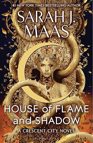 Book cover for "House of Flame and Shadow" by Sarah J. Maas with ornate dragon and woman illustration.