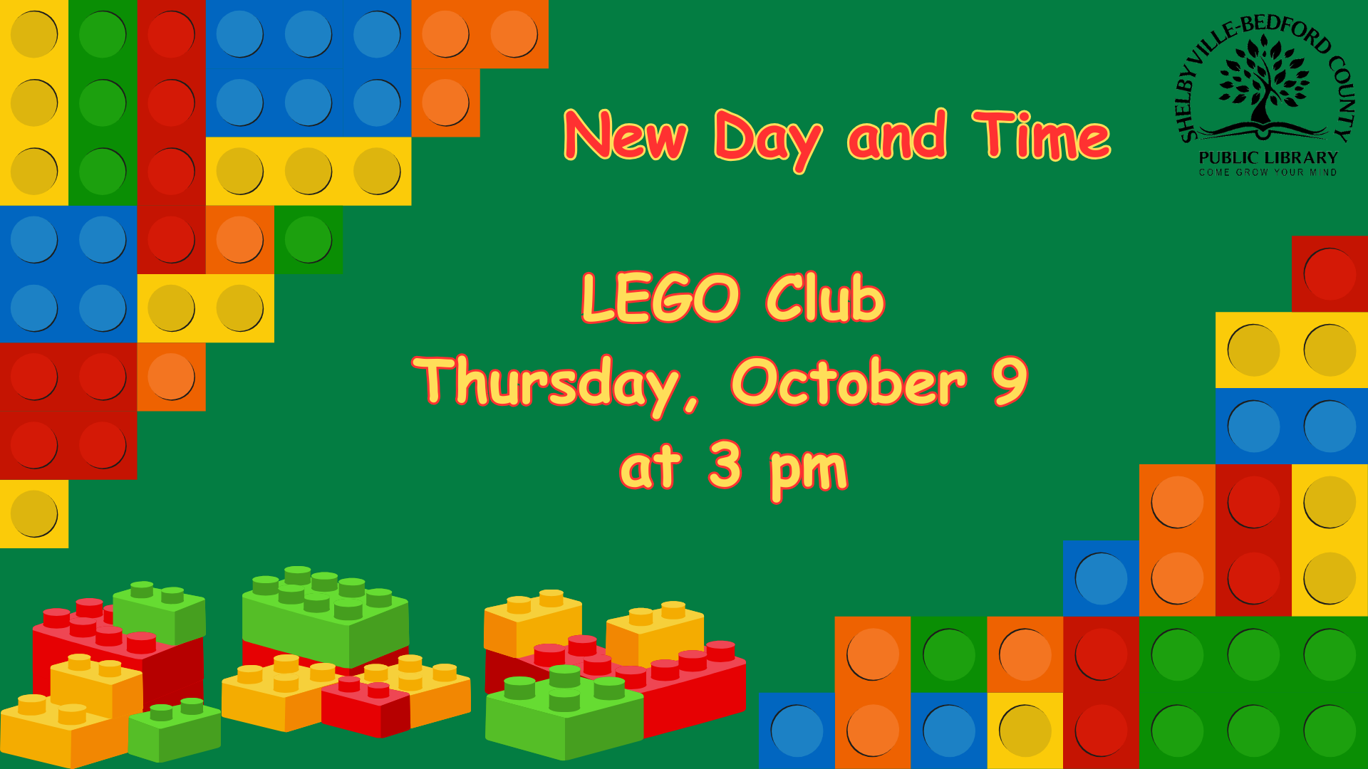 LEGO Club event on Thursday, October 9 at 3 pm, hosted by Shelbyville-Bedford County Public Library. Bright LEGO brick design.