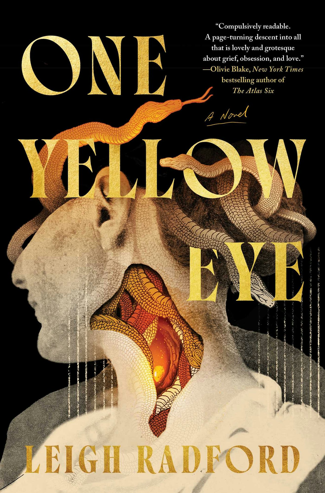 Book cover of "One Yellow Eye" by Leigh Radford featuring snakes, a face, and a glowing eye.