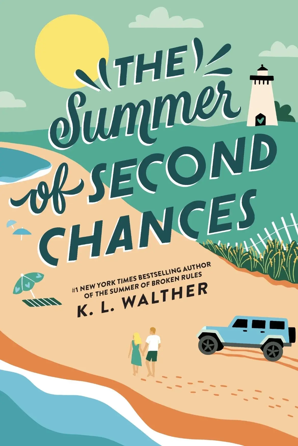 The image features the book "The Summer of Second Chances" by K.L. Walther, set on a sunny beach with a couple holding hands.