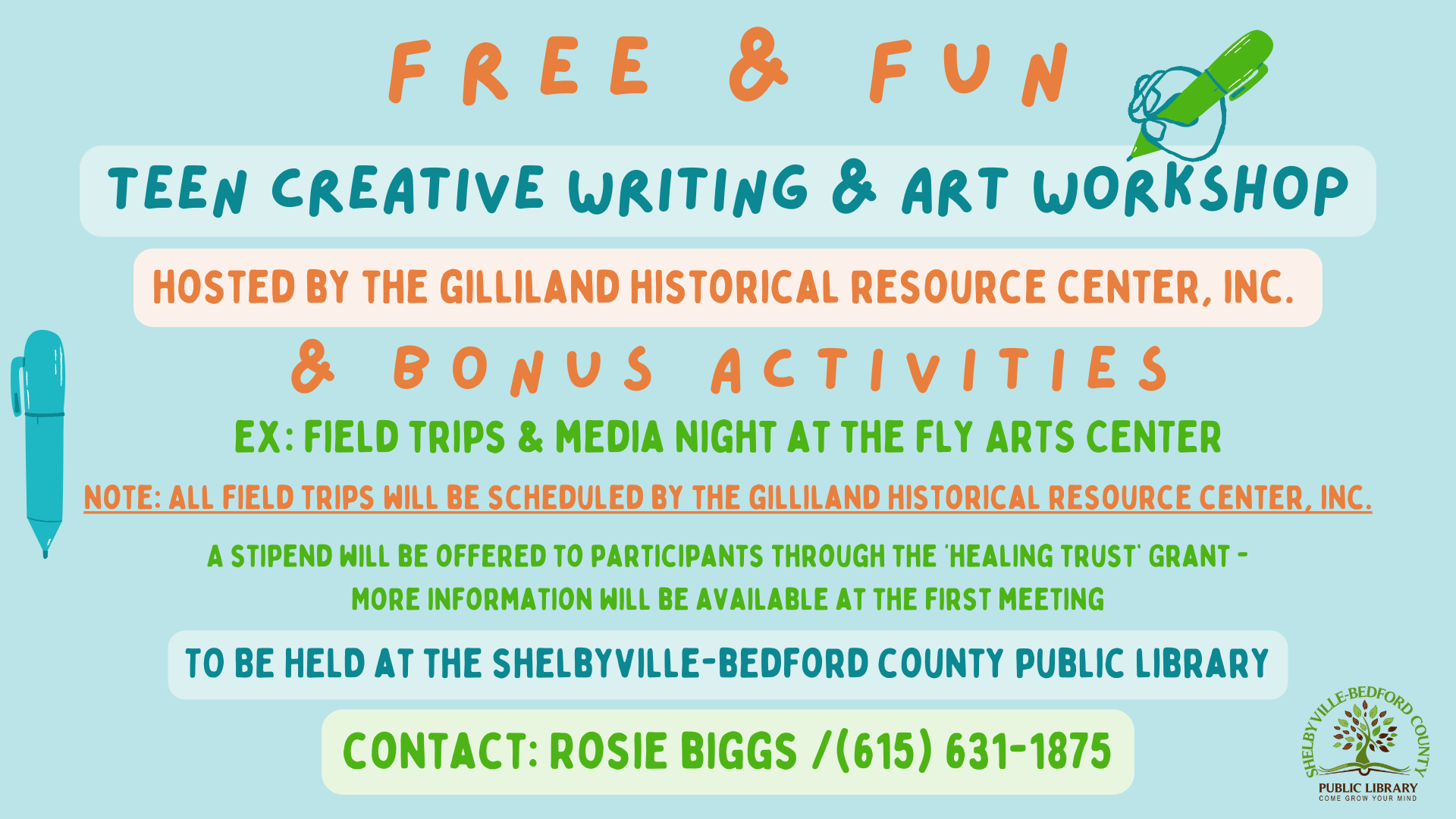 Free teen creative writing and art workshop, plus bonus activities. Held at Shelbyville-Bedford County Library. Contact for details.