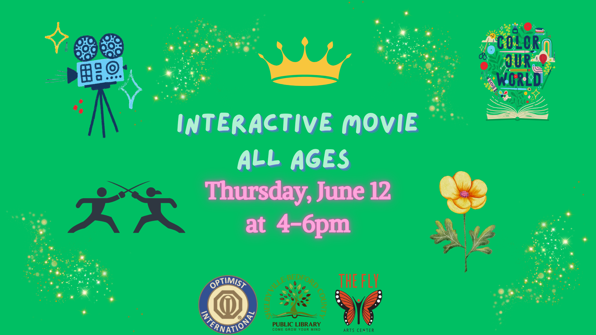 Interactive movie event for all ages on Thursday, June 12, 4-6pm. Logos and colorful graphics included.