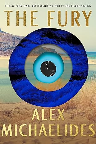 A book cover with a stylized eye and title "THE FURY" by Alex Michaelides, with a beach background.