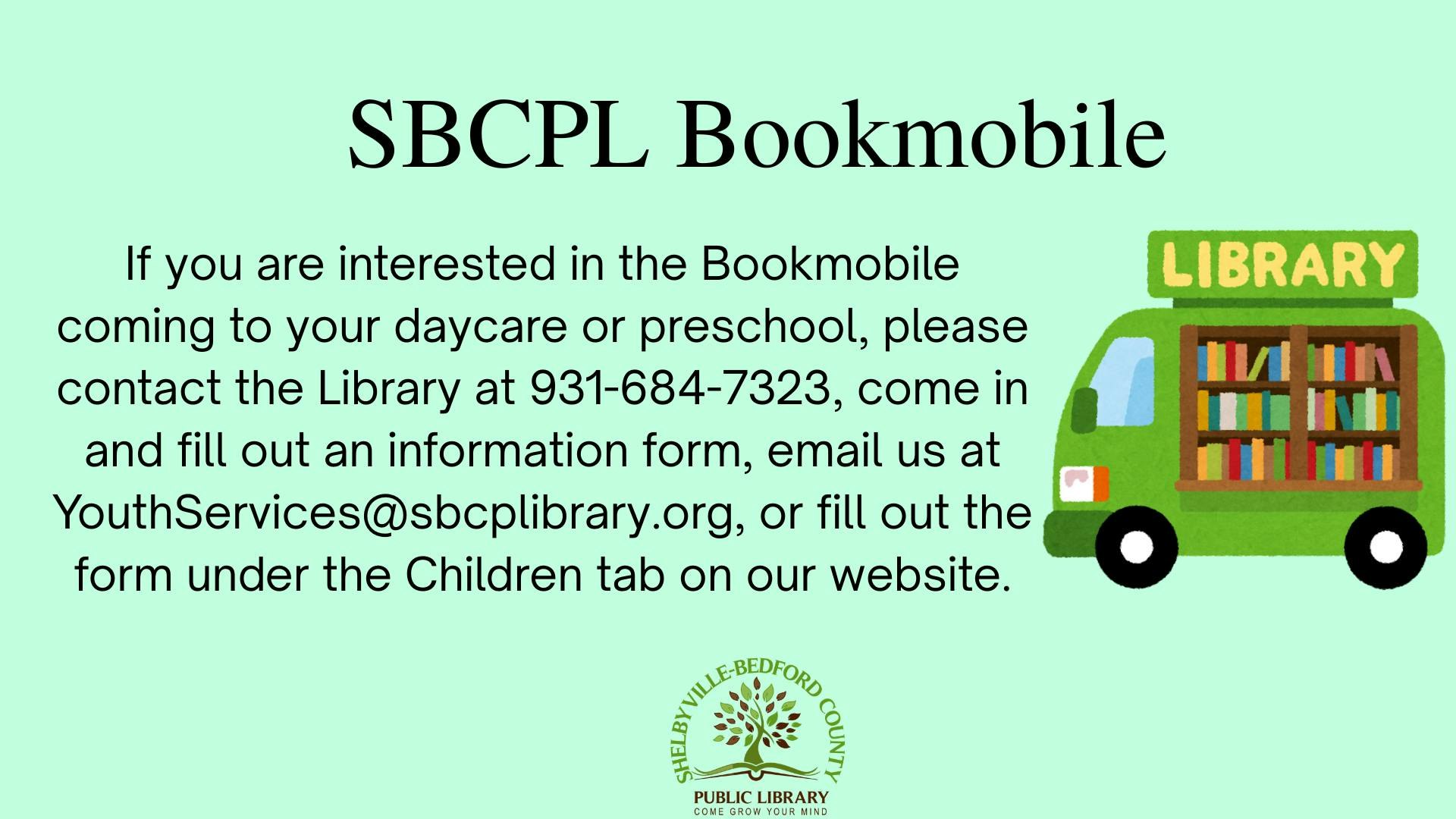 The image promotes the SBCPL Bookmobile, inviting daycare/preschool contact for visits and providing contact info.