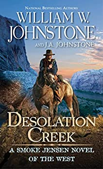 A book cover titled "Desolation Creek" featuring a cowboy on horseback with mountainous backdrop.