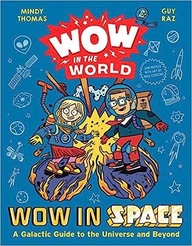 Illustrated book cover showing two characters riding a comet in space, titled "WOW in the WORLD" and "WOW in SPACE," with various space motifs.