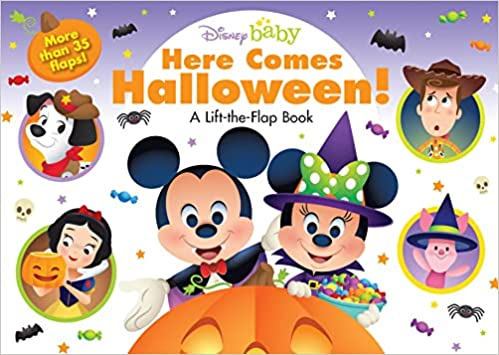 A colorful cover of a Disney Baby Halloween-themed lift-the-flap book featuring Mickey Mouse, Minnie, and other characters in costumes.