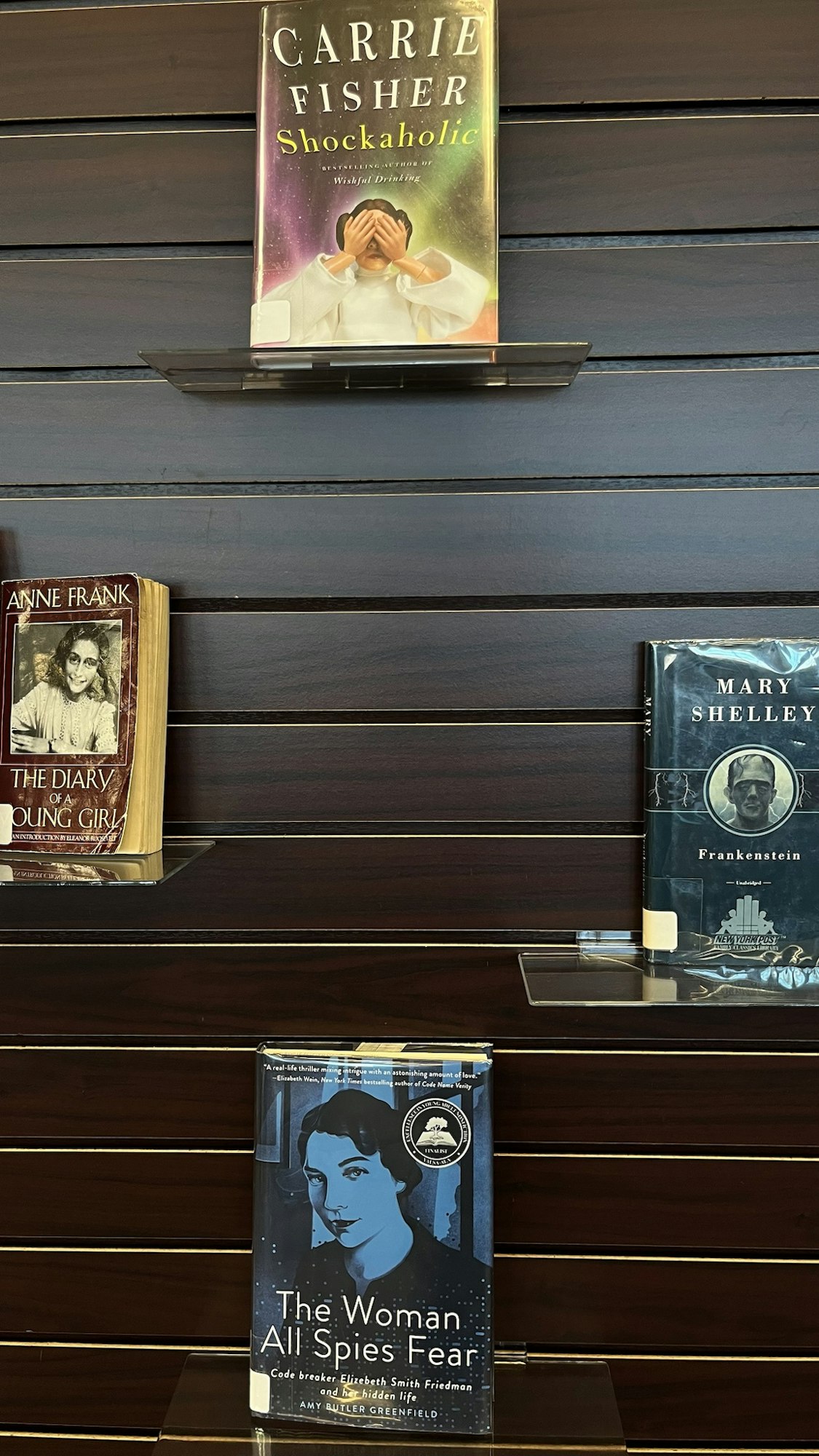Four books displayed on a shelf: "Shockaholic," "The Diary of a Young Girl," "Frankenstein," and "The Woman All Spies Fear."