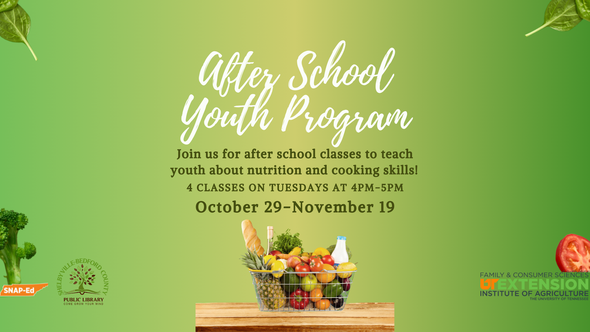 Flyer for an After School Youth Program focusing on nutrition and cooking skills, scheduled for Tuesdays, from October 29 to November 19.