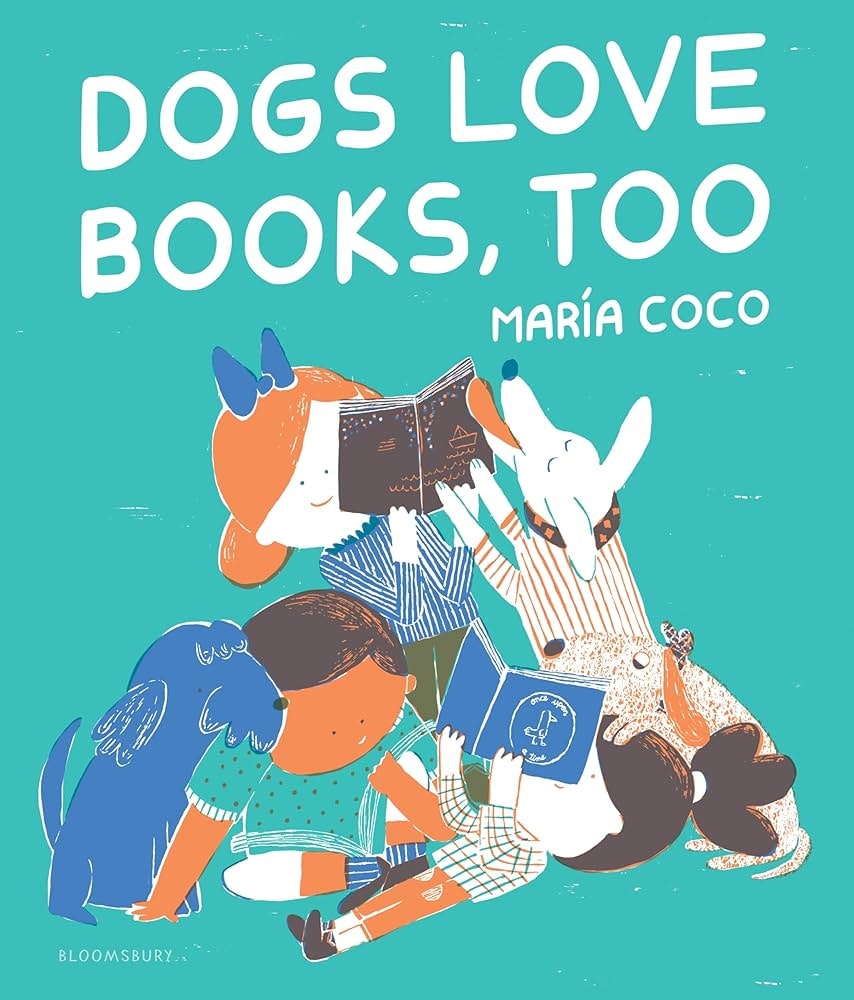 Illustration of children and dogs reading together with the title "Dogs Love Books, Too" by Maria Coco.
