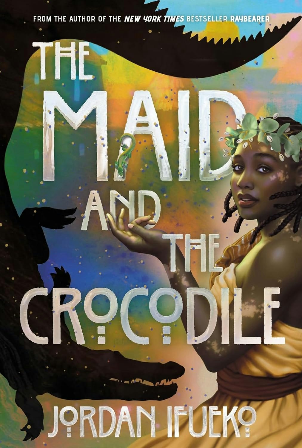 Book cover for "The Maid and the Crocodile" by Jordan Ifueko, featuring a young woman and crocodile silhouette.