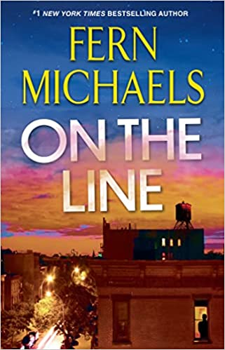 Book cover titled "On the Line" by Fern Michaels with a twilight cityscape background.