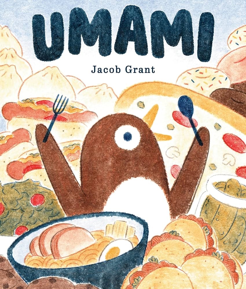 An illustrated cover titled "UMAMI" by Jacob Grant, featuring a cartoon animal surrounded by food.