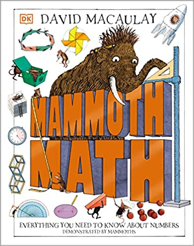 A book cover titled "Mammoth Math" featuring a cartoon mammoth and various math-related images.