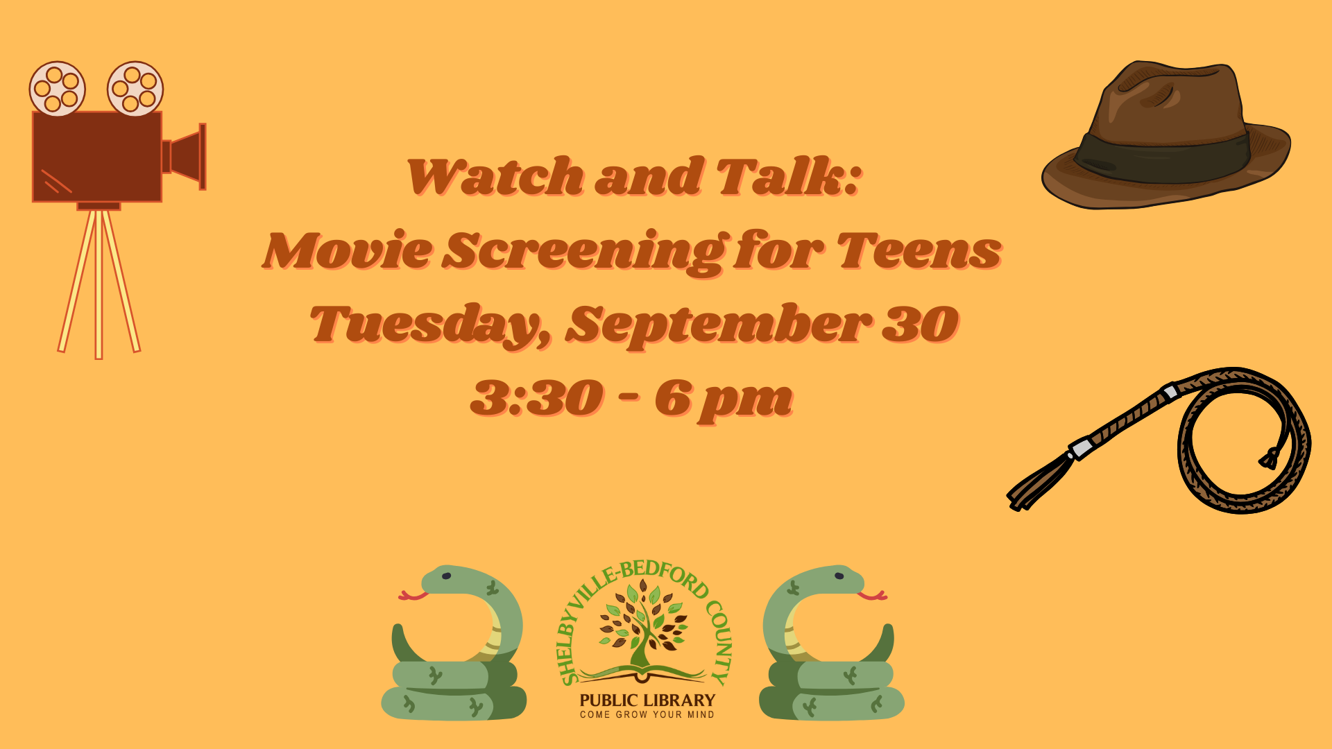 Teen movie screening event on Sep 30, 3:30-6 pm at Shelbyville-Bedford County Library. Includes film, hat, whip, and snake icons.