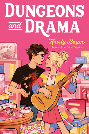 A book cover titled "Dungeons and Drama" by Kristy Boyce with an illustration of two people in a colorful room and one holding a guitar.