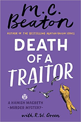 A book cover titled "Death of a Traitor" by M.C. Beaton, part of the Hamish Macbeth series, with a purple background and yellow text.