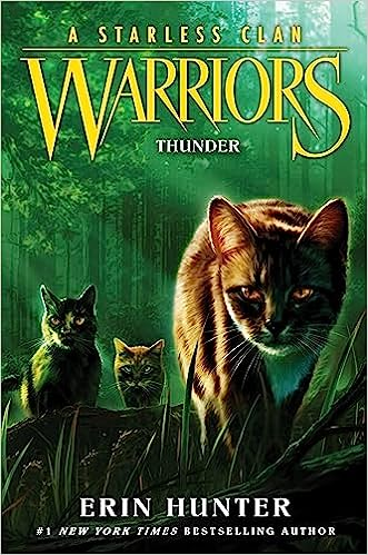 A book cover titled "Warriors: Thunder" by Erin Hunter, featuring three cats in a forest setting.