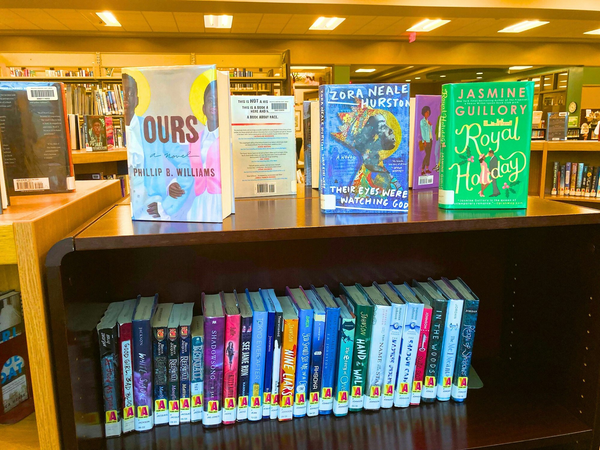 Books on display in a library, featuring titles like "Ours," "Their Eyes Were Watching God," and "Royal Holiday."