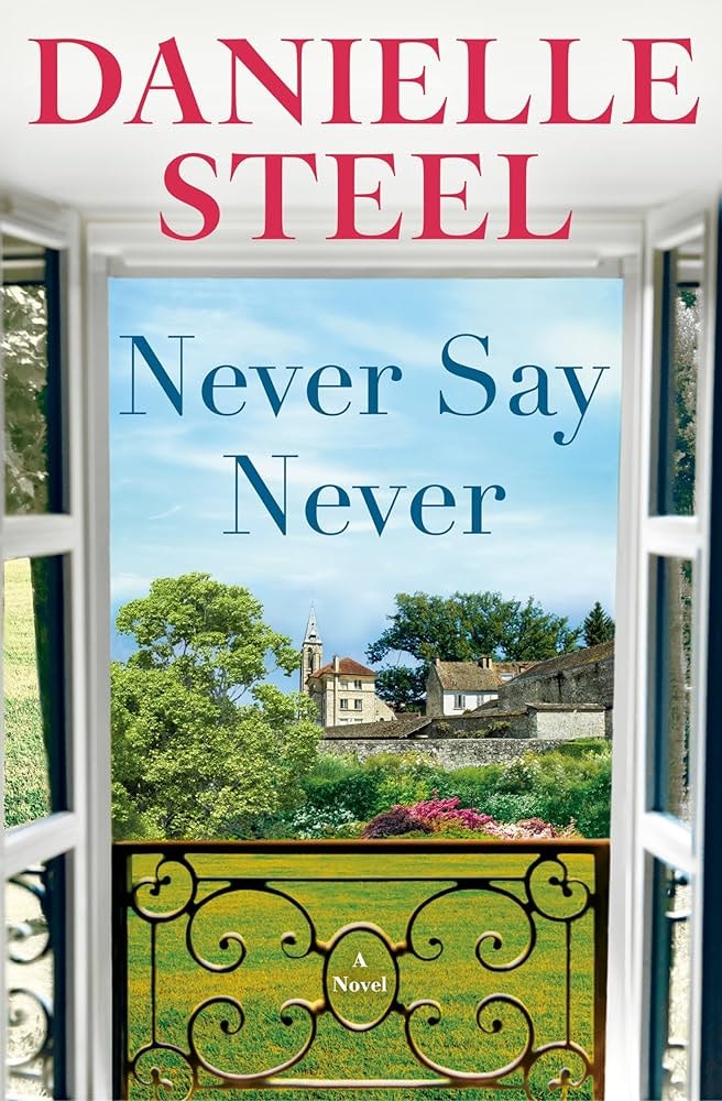 Book cover: "Never Say Never" by Danielle Steel, shows a scenic view through open windows.