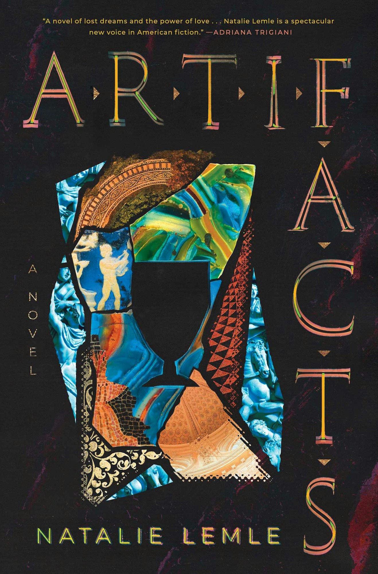 The image features the book cover of "Artifacts" by Natalie Lemle, highlighting themes of dreams and love with vibrant artwork.