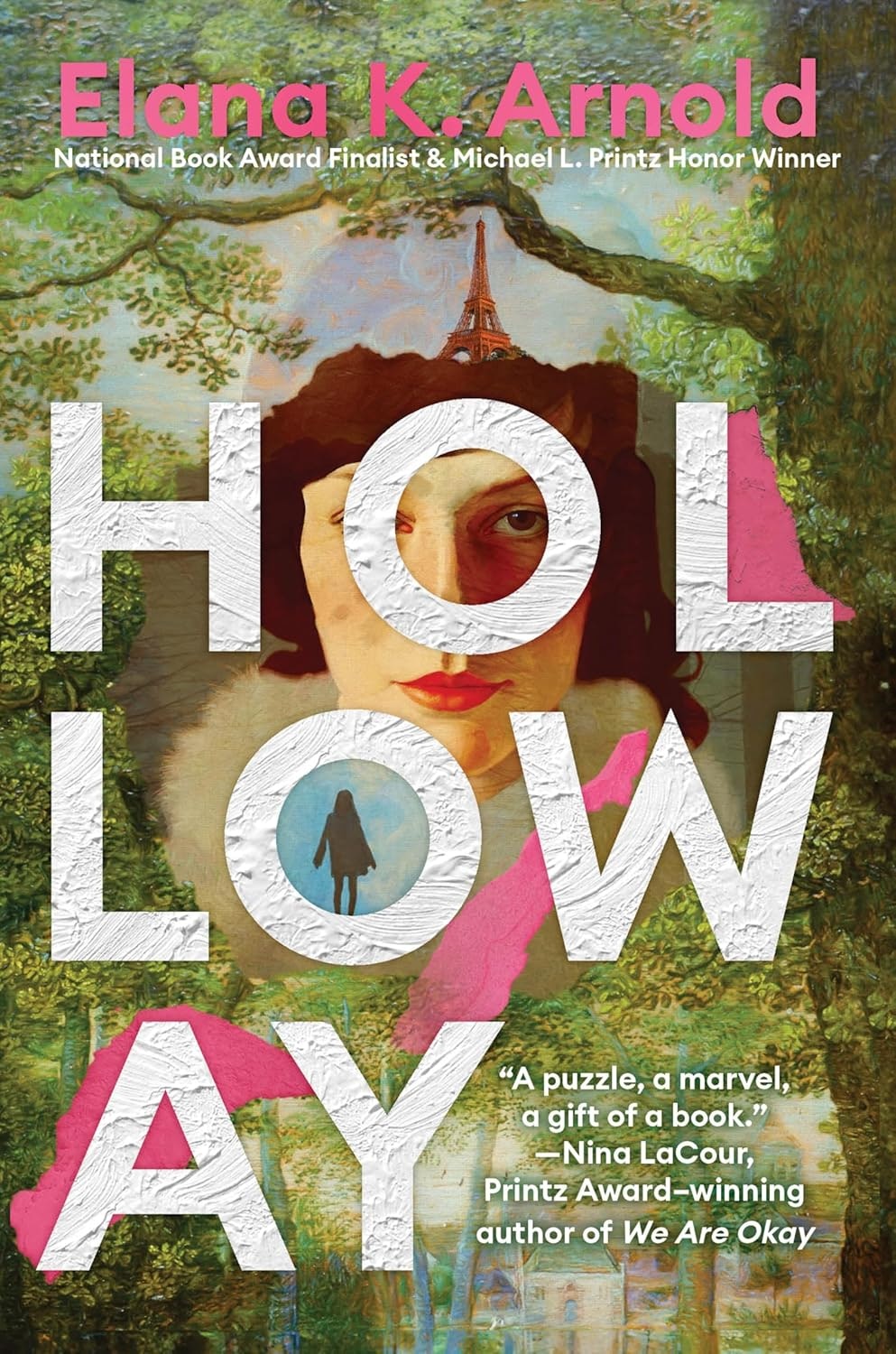 The image features the book cover of "Holloway" by Elana K. Arnold, highlighting its artistic design and accolades.