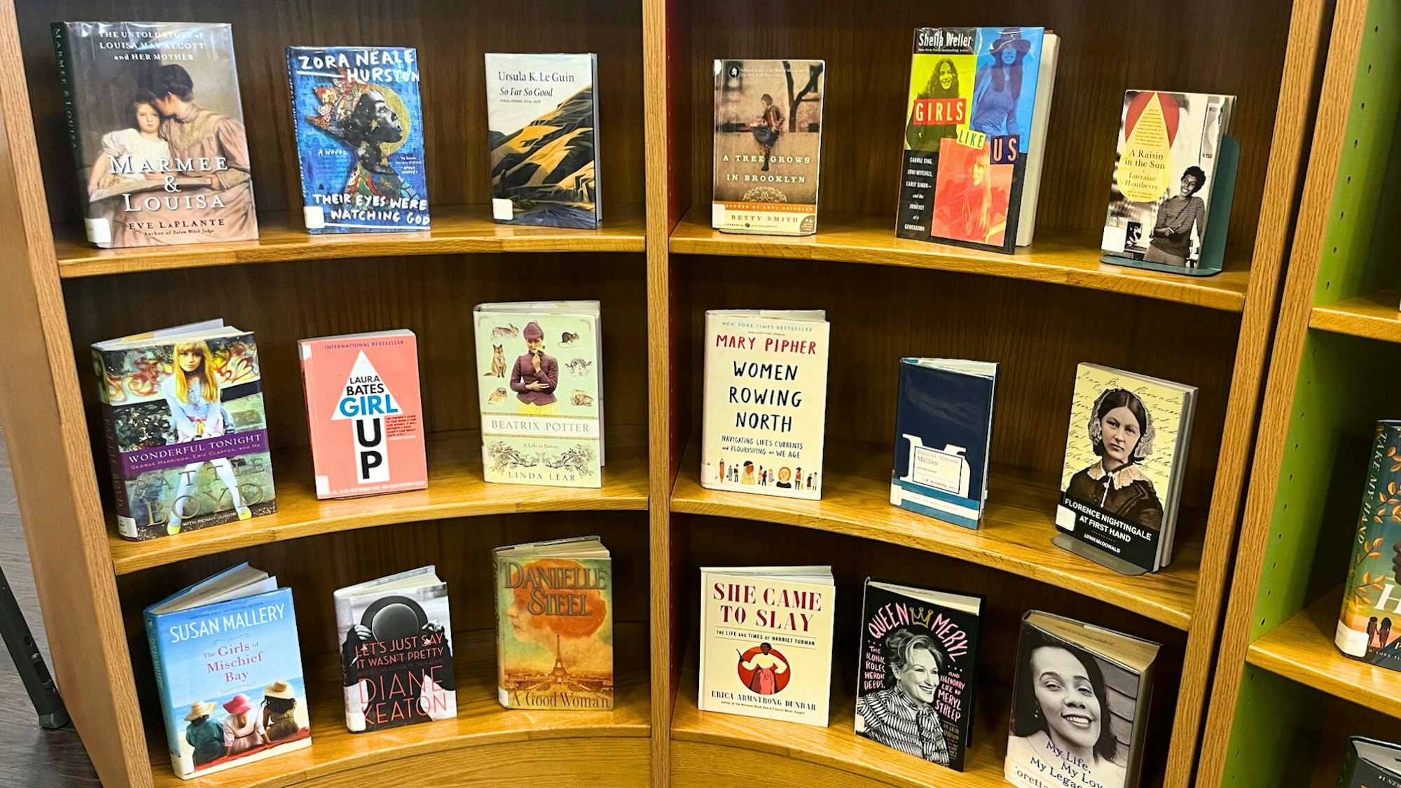 The image showcases a wooden bookshelf filled with various books, highlighting diverse authors and themes.