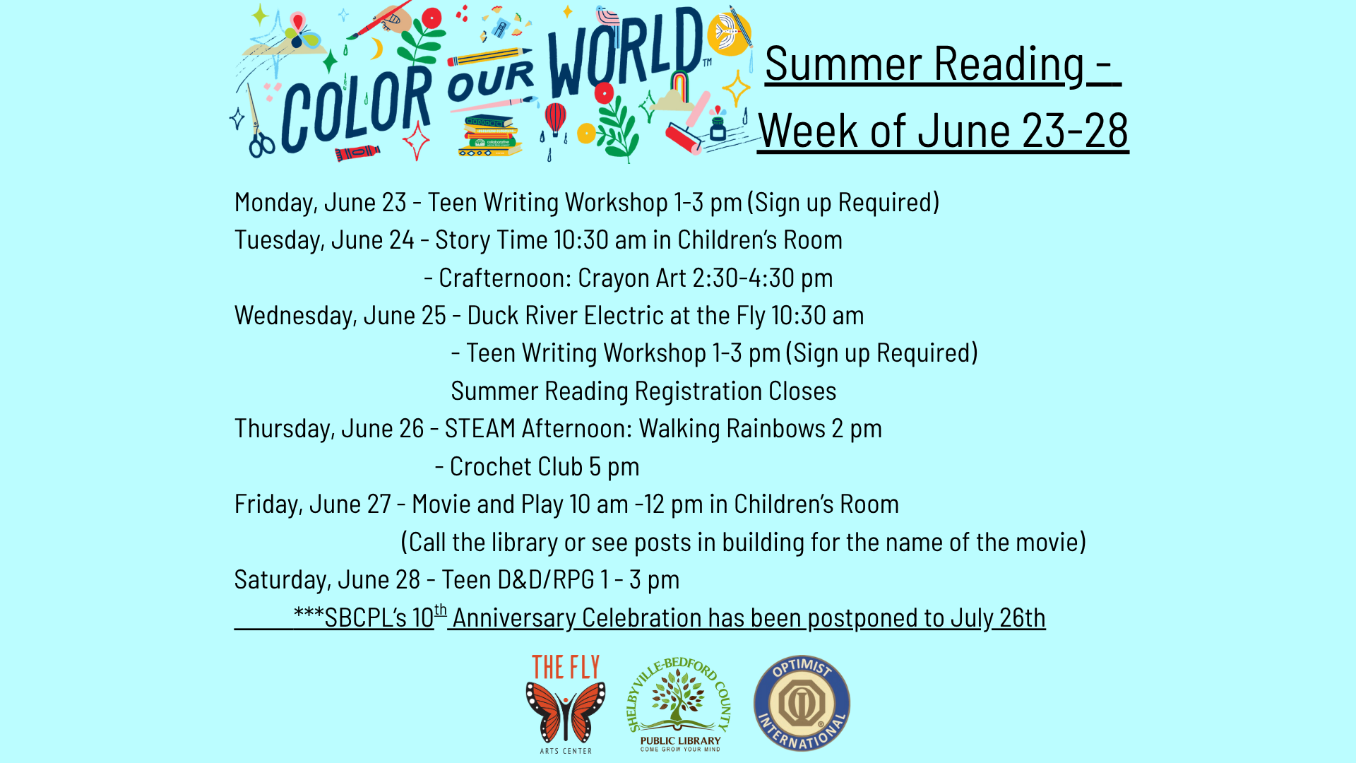 Library events from June 23-28: Writing workshops, Story Time, Crayon Art, Duck River Electric, STEAM, Crochet, Movie, D&D/RPG.