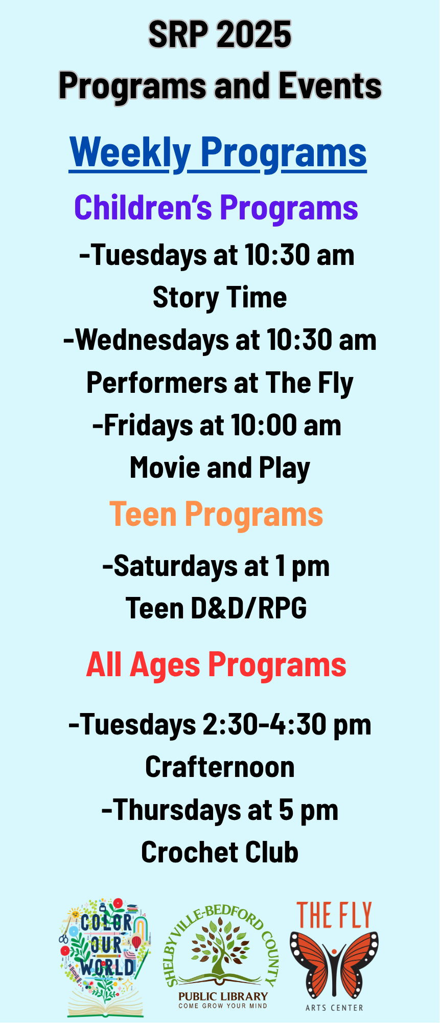 SRP 2025 programs: kids' storytime, performances, movies; teen D&D; all ages Crafternoon, Crochet Club at Shelbyville-Bedford Library.