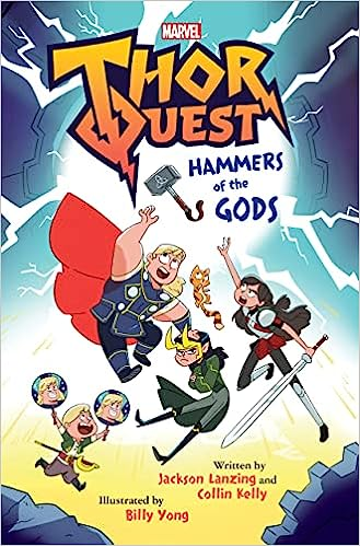 Cover of "Thor Quest: Hammers of the Gods" comic, with Thor, Loki, and other characters, lightning background.
