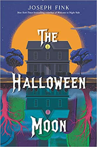 A book cover titled "The Halloween Moon" by Joseph Fink, featuring a haunted house, full moon, and eerie trees.
