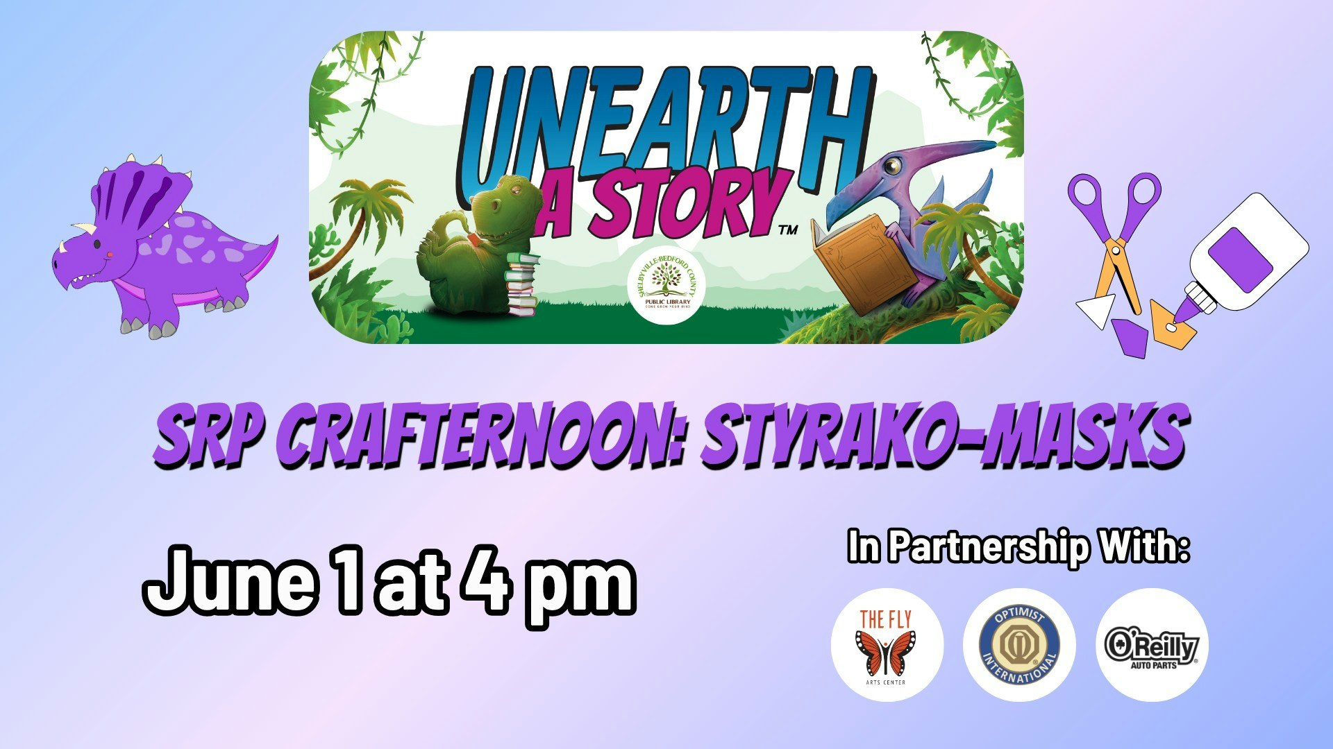 Event announcement for "SRP Crafternoon: StyraKo-Masks" on June 1 at 4 PM, featuring dinosaurs and crafting activities.
