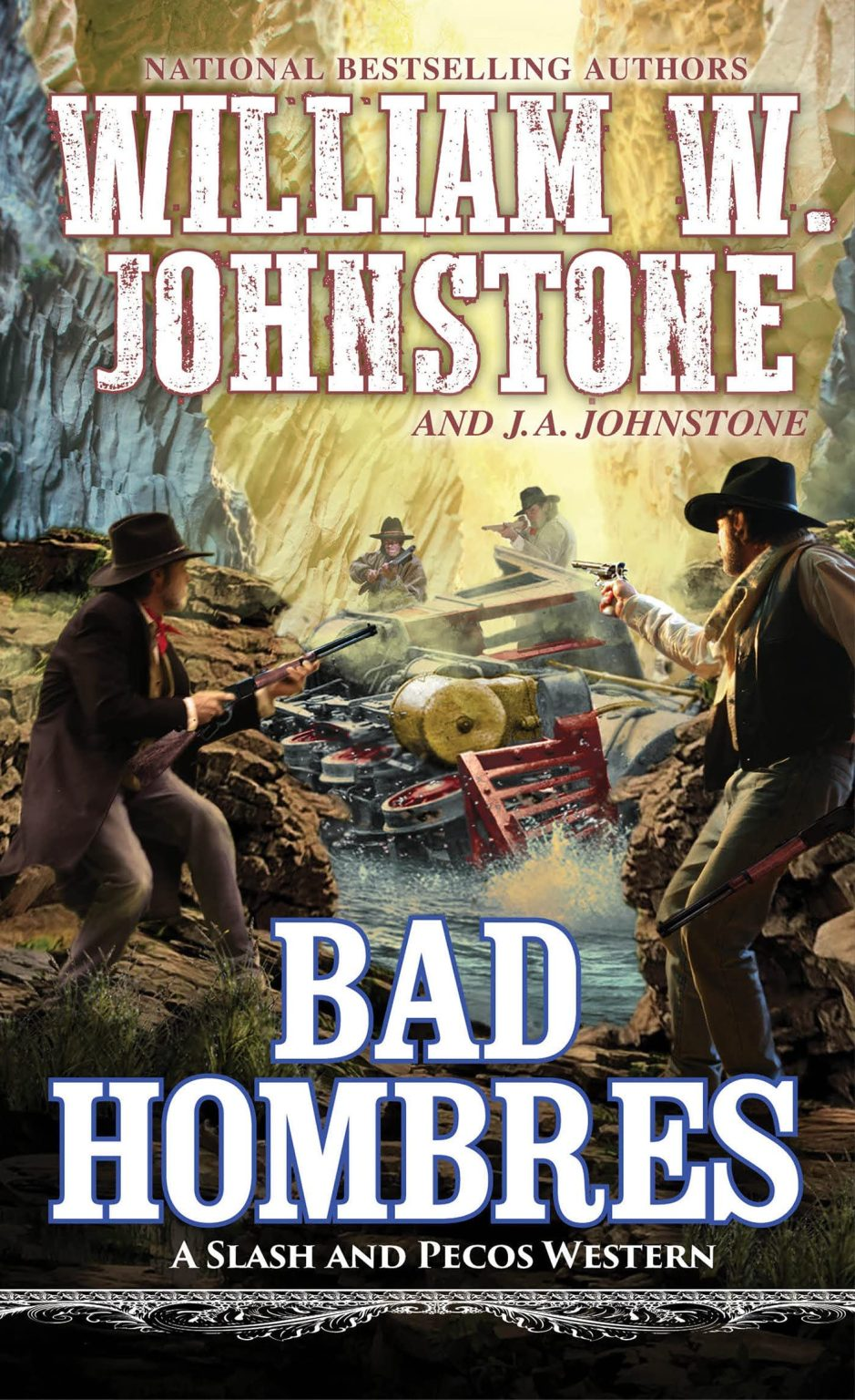 Western book cover with gunfight, "Bad Hombres" title, by authors William W. Johnstone and J.A. Johnstone.