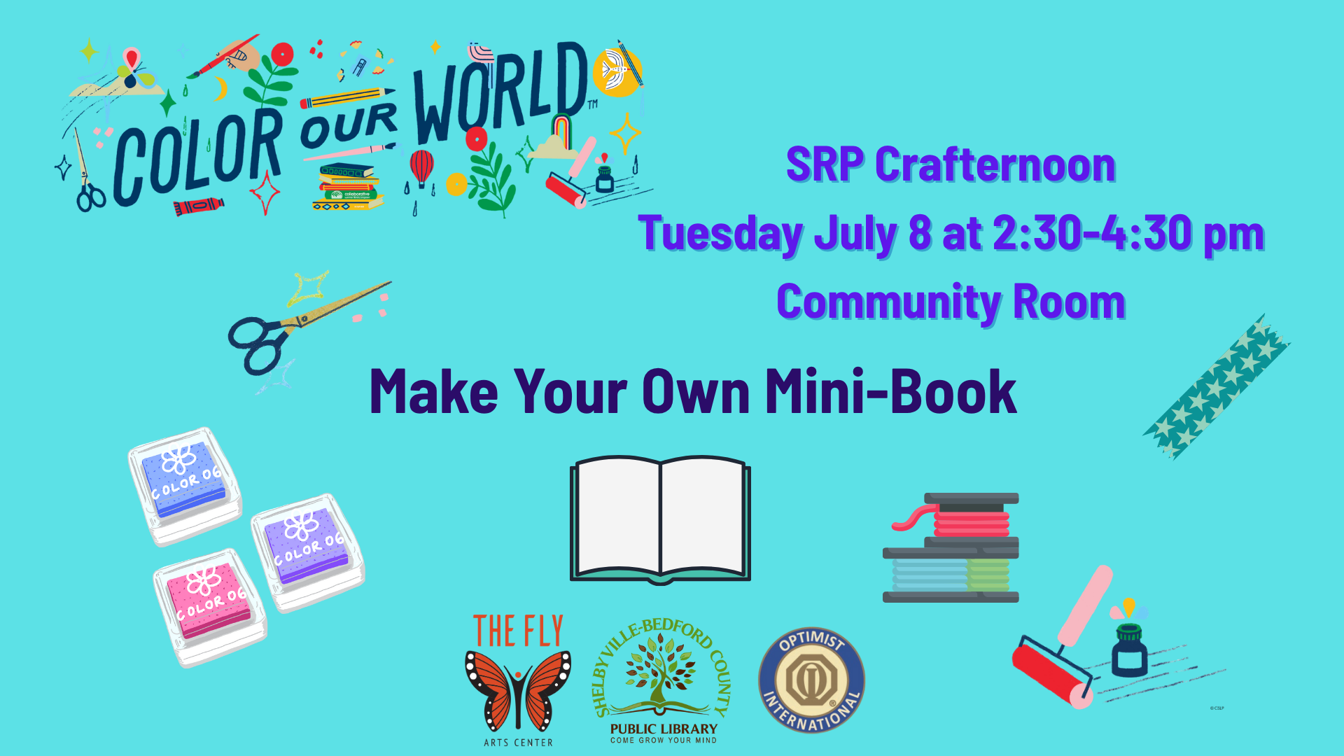 Craft event poster: "Color Our World." Make mini-books on Tuesday, July 8, 2:30-4:30 pm at the Community Room.