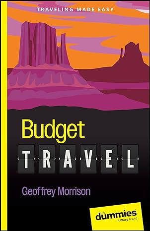 A "For Dummies" book cover titled "Budget Travel" by Geoffrey Morrison, with stylized landscape artwork in the background.