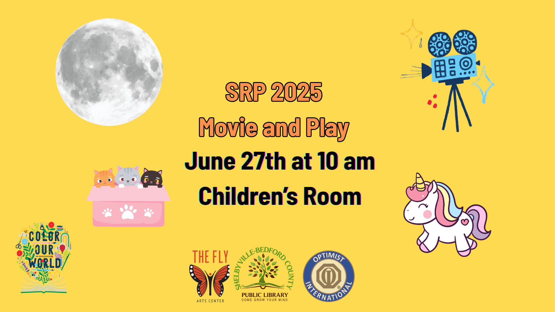 SRP 2025 Movie and Play, June 27th at 10 am, Children's Room. Features a moon, cats, unicorn, film camera, and logos.