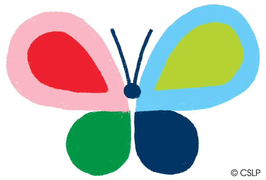 A simple, colorful butterfly illustration with red, pink, green, blue, and lime wings.