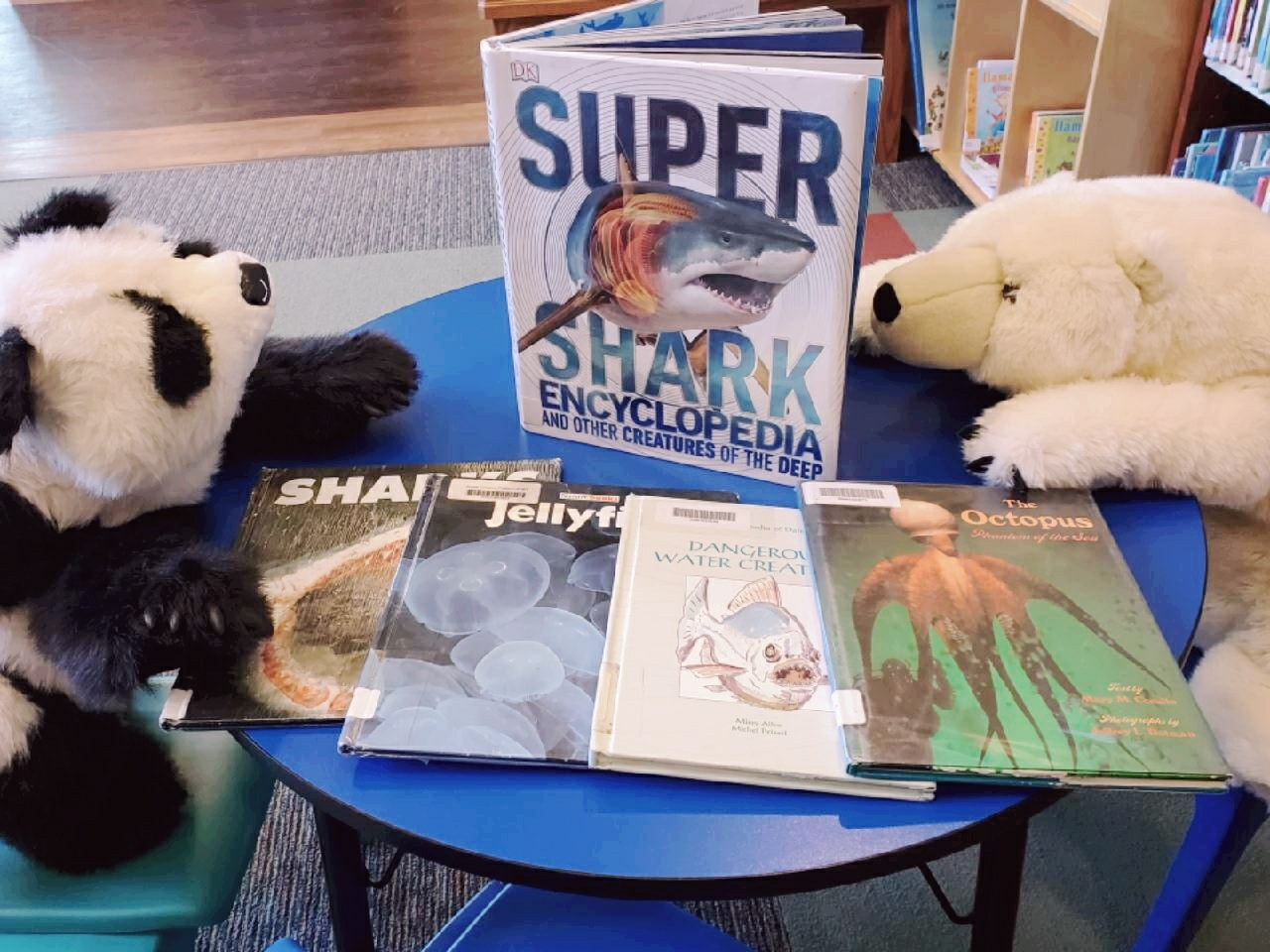 A display of sea creature books flanked by plush panda and polar bear toys.
